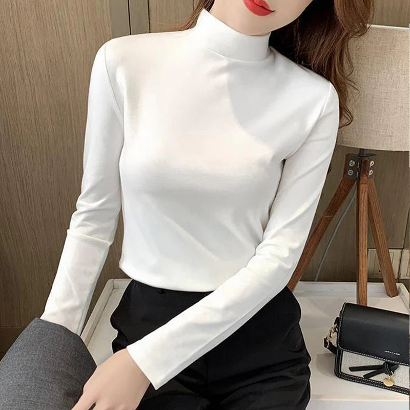 Women's Comfortable Solid Color Half High Neck Long Sleeve Top